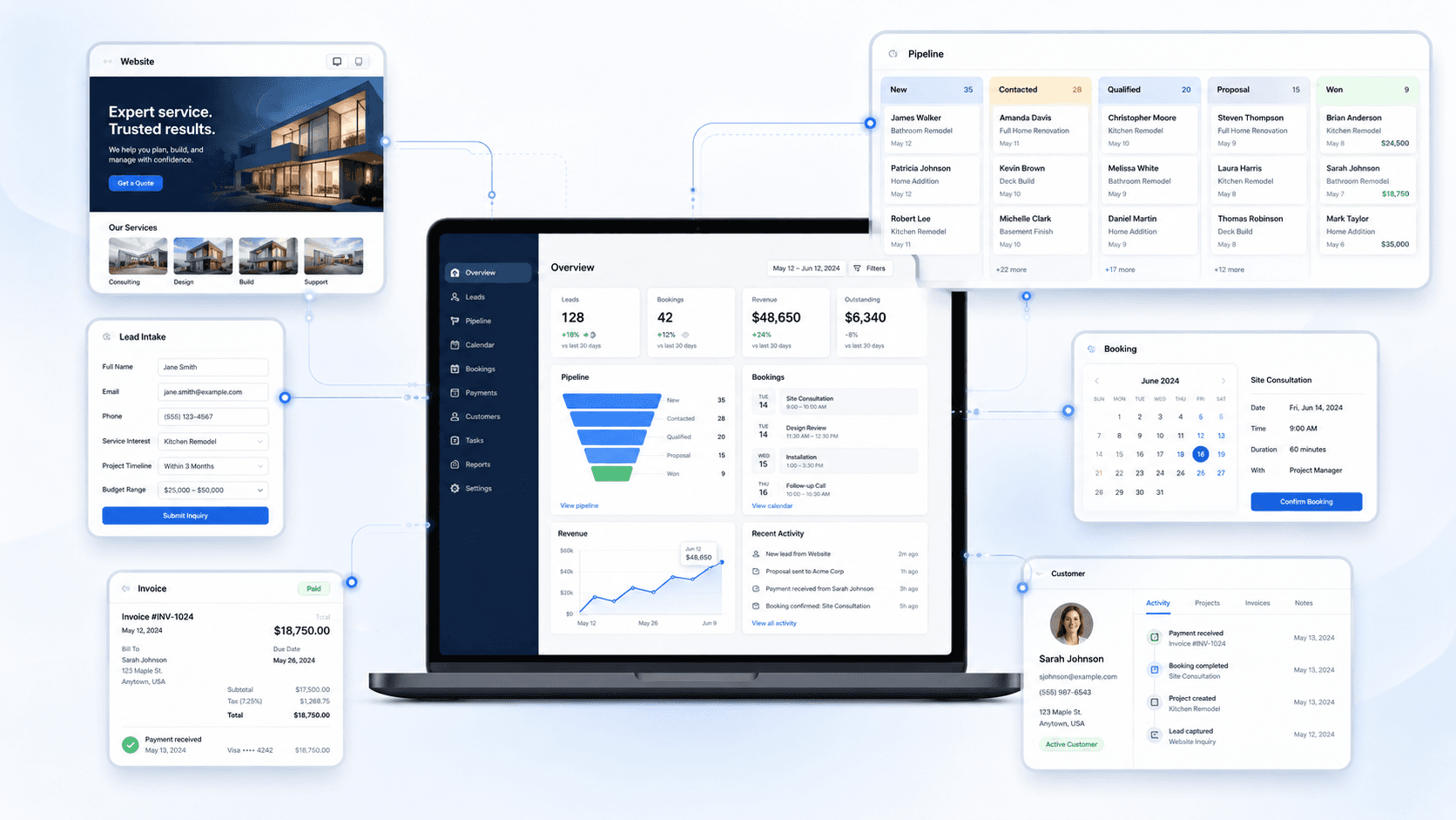 BayoSys public operations preview showing website, lead intake, CRM pipeline, booking, invoice, and customer records